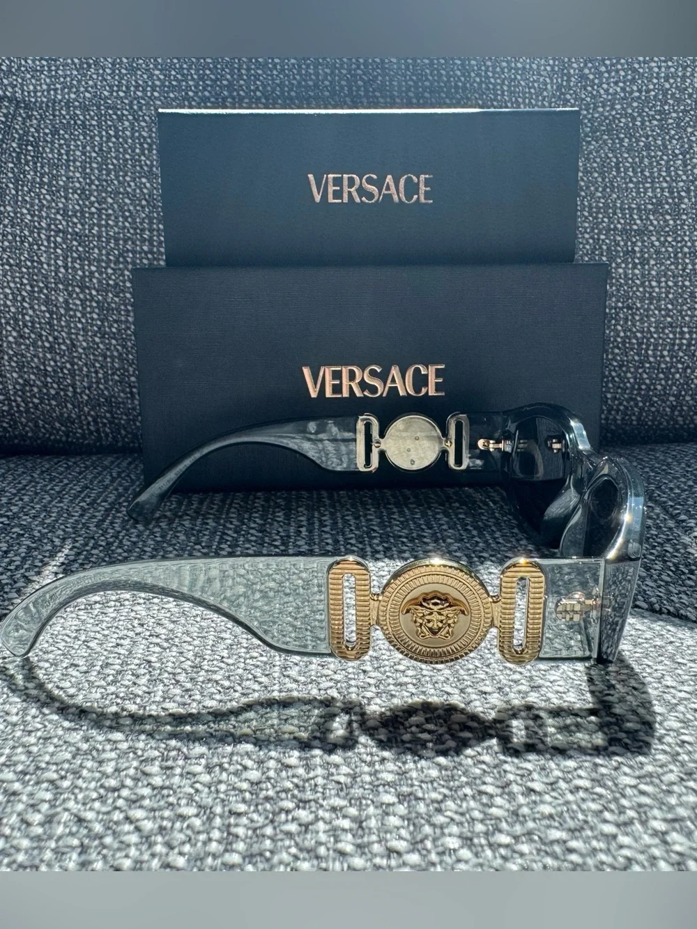 Versace Women's Clear Gray Crystal Rectangle Sunglasses